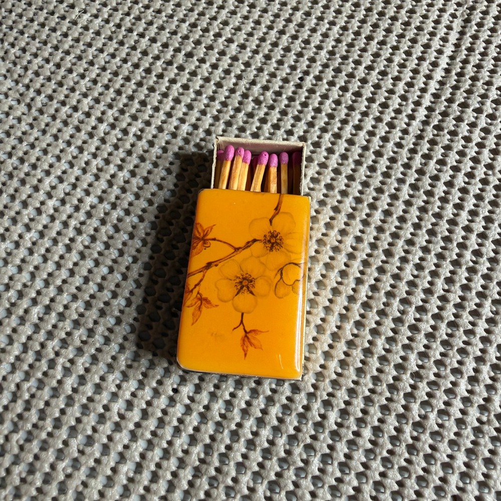 Vintage Miniature Matchbox Orange Floral Enamel Top Purple Tip Matches